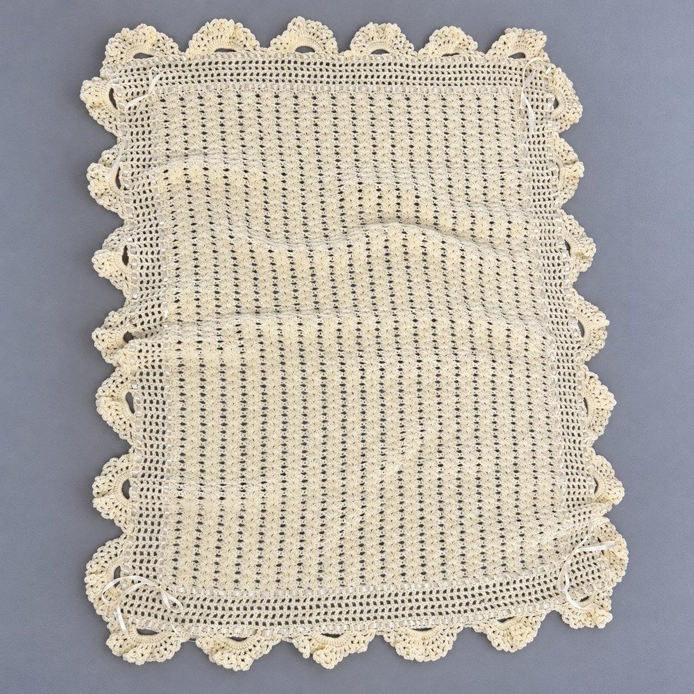 Vintage Handmade Crochet Baby Blanket  yellow Scalloped Ribbon Trim